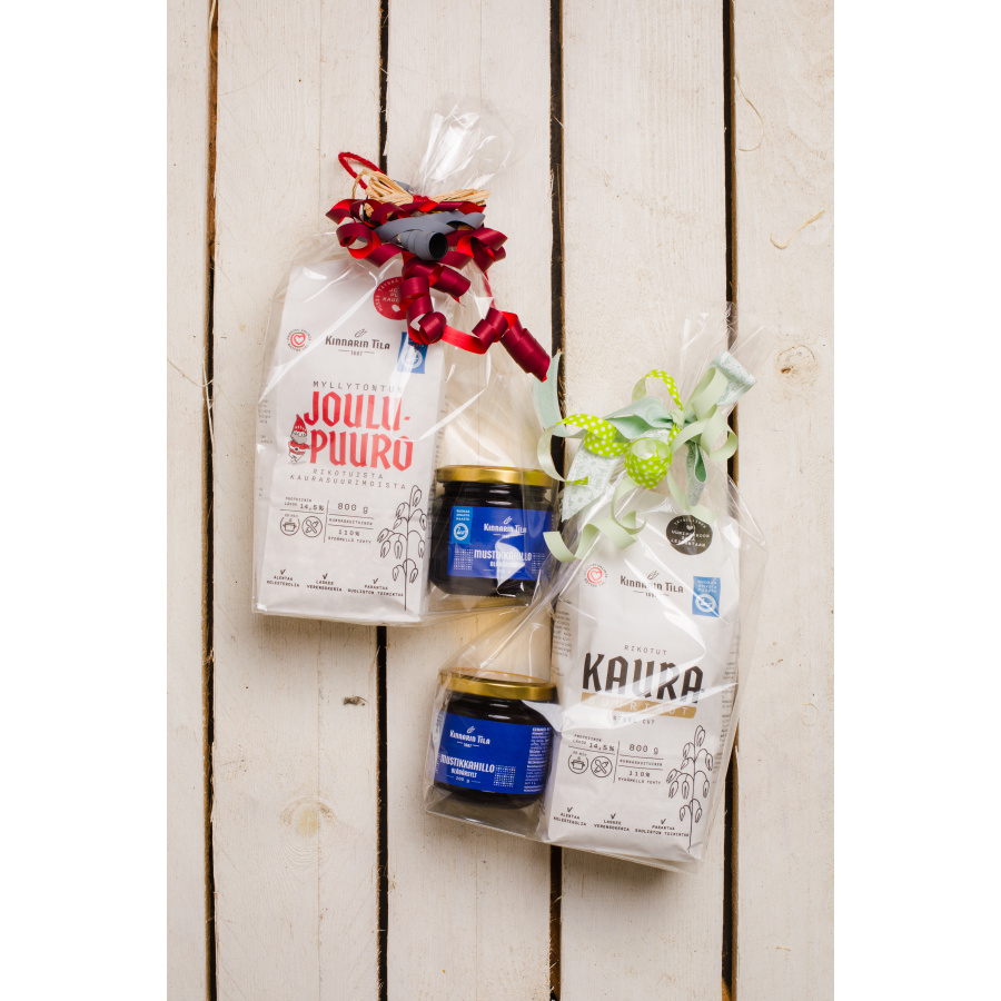 Joulupuuro-mustikkahillo lahjapakkaus Kinnarin Tila