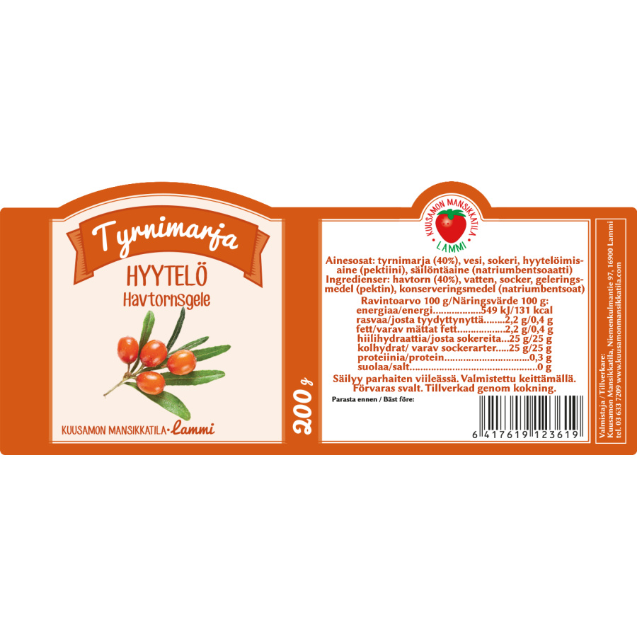 Tyrnimarjahyytelö 200 g, Kuusamon Mansikkatila