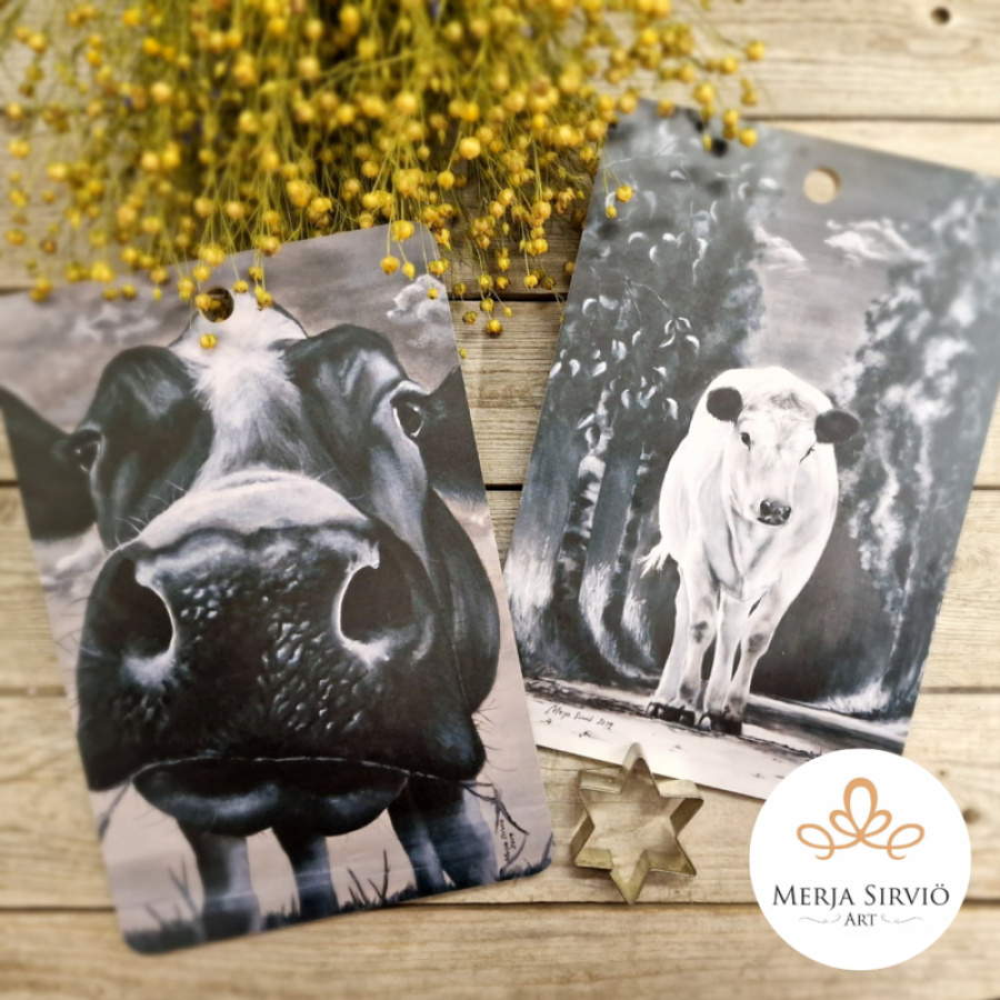 Lehmät - kaksipuoleinen leikkuulauta koivuvaneri, Merja Sirviö Art