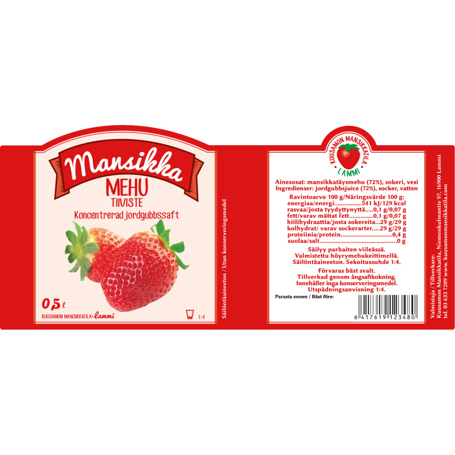 Mansikkamehu tiiviste 0.5 L, Kuusamon mansikkatila