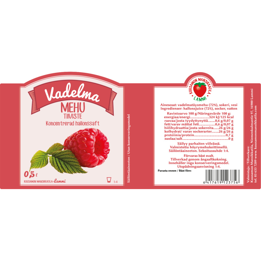 Vadelmamehu tiiviste 0.5 L , Kuusamon mansikkatila